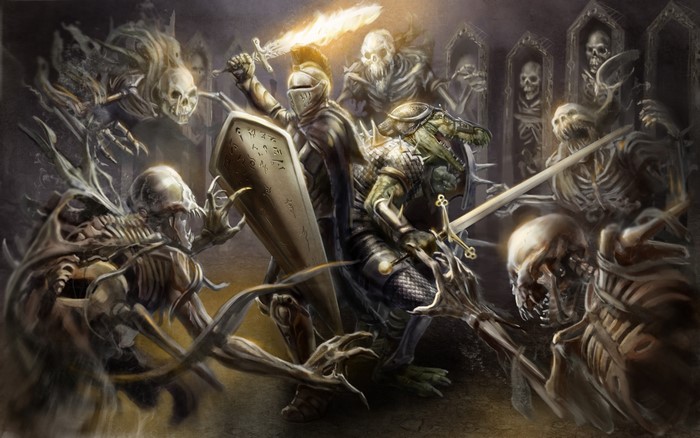 Knight and Crocodile Warrior Fighting Skeletons