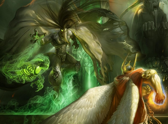 Demonic creature with green magic fighting an angel