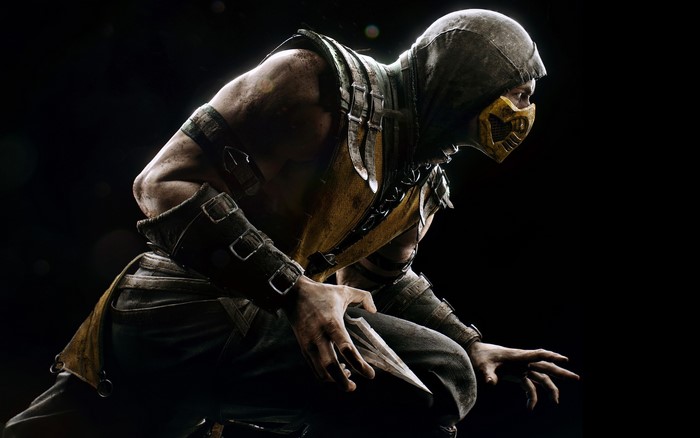 Scorpion from Mortal Kombat crouches with a kunai