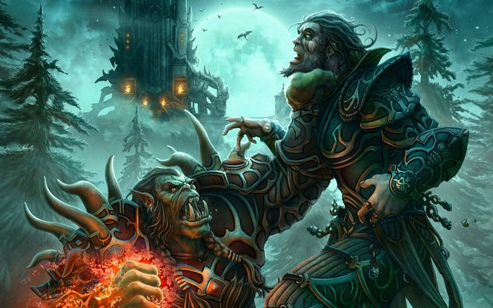 Orcs fighting in front of a dark castle under a full moon