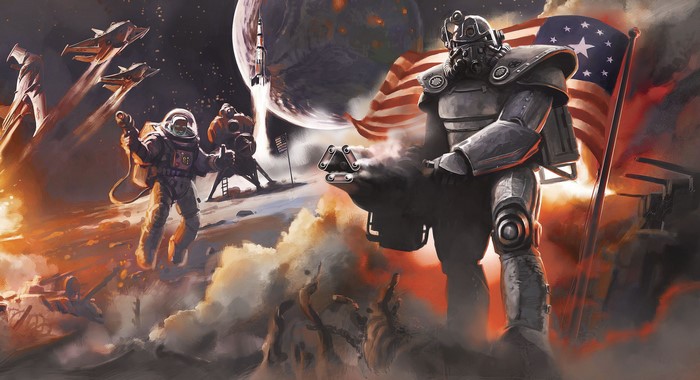 Fallout 4 Power Armor Soldier with American Flag in Space