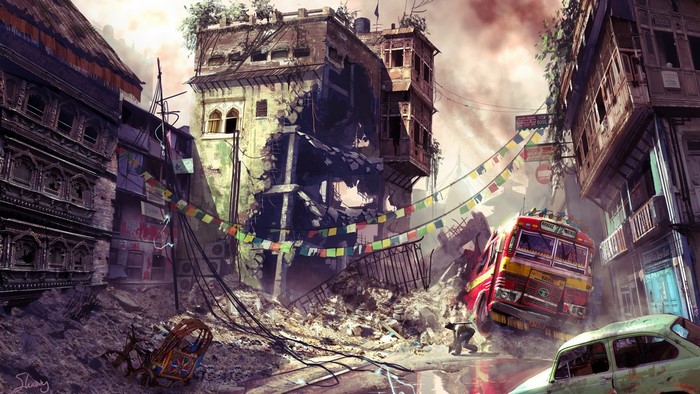 Uncharted City with Destroyed Buildings, Bus, and Cars