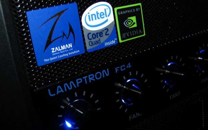 Lamptron FC4 fan controller with Zalman, Intel, and Nvidia stickers