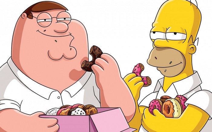 Peter Griffin and Homer Simpson eating donuts