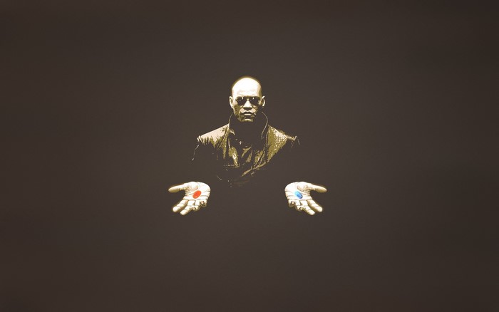 Morpheus from The Matrix holding red and blue pills