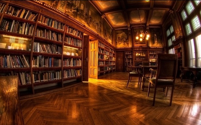 Interior of a grand library with wooden shelves and ornate details