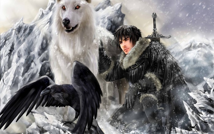 Jon Snow from Game of Thrones with Direwolf and Raven