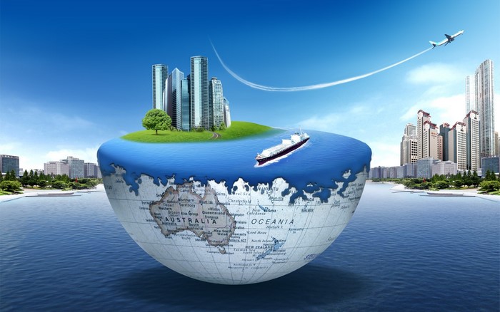 Globe with Cities, Ship, and Airplane