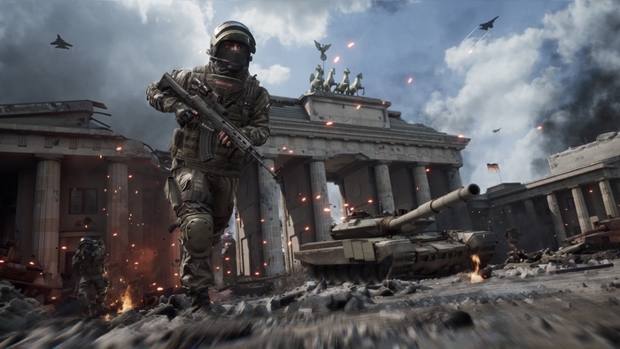 Soldier and tank at Brandenburg Gate during conflict