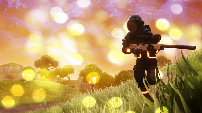 Fortnite character with sniper rifle in a field