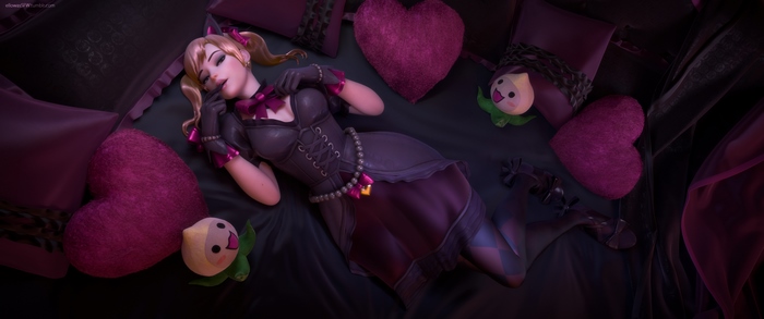 D.Va from Overwatch lying on a bed with heart pillows