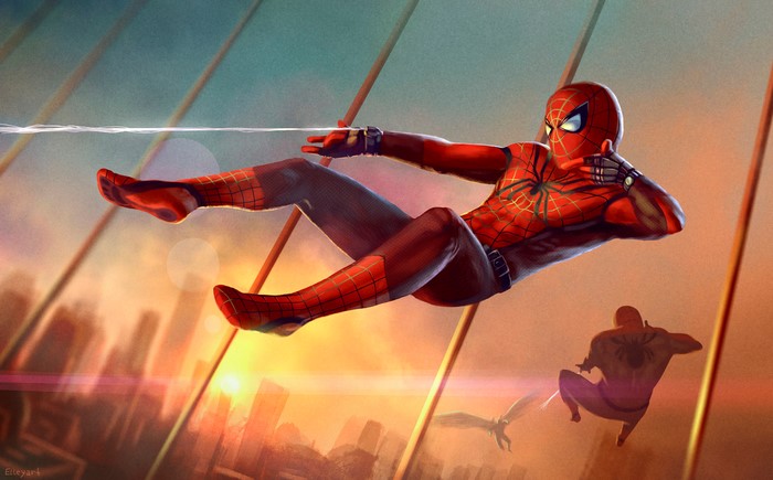 Spider-Man swinging through a city at sunset
