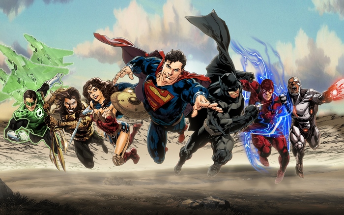 Justice League superheroes flying