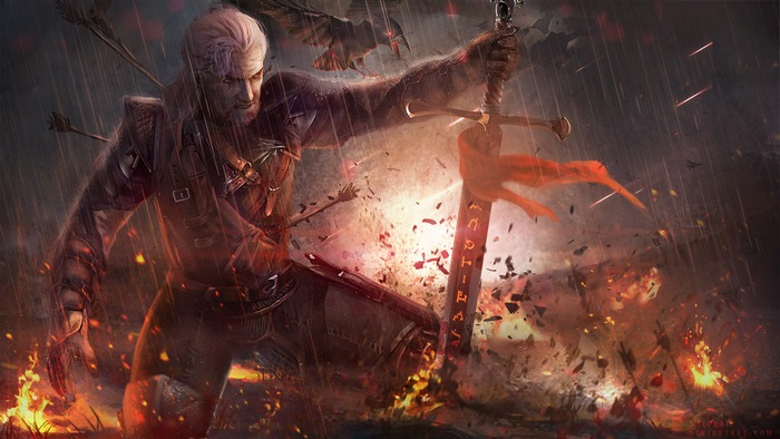 Geralt of Rivia from The Witcher 3 in battle