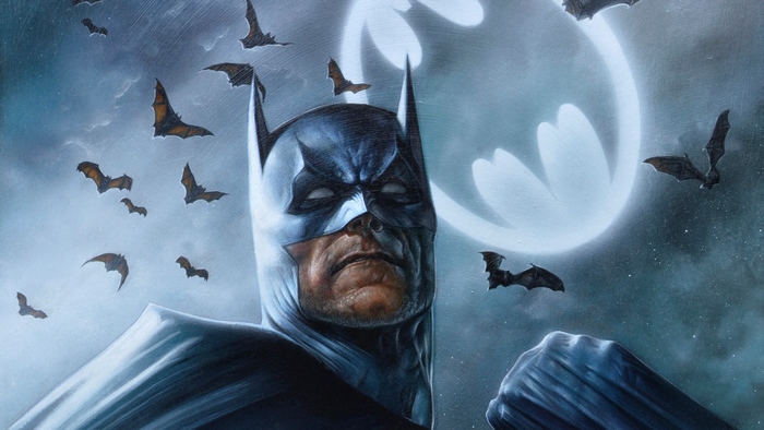 Batman surrounded by bats with Bat-Signal in the background