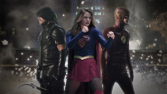 Arrow, Supergirl, and The Flash standing together