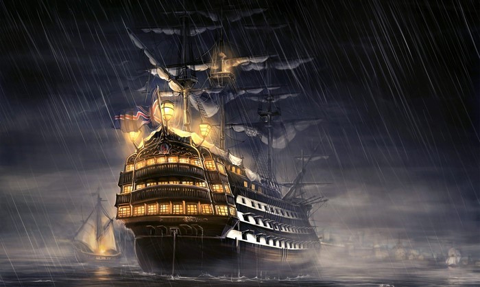 Historic Ship Sailing Through Stormy Night 4K