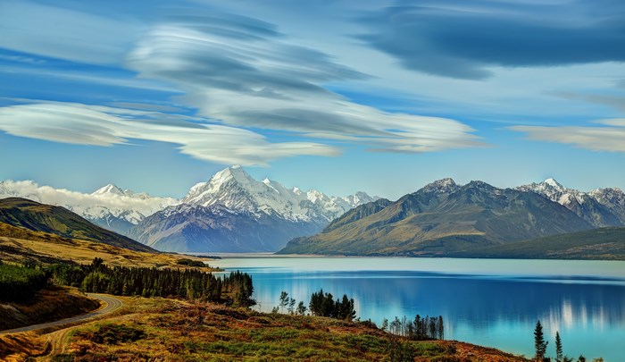 Lake with Snow-Capped Mountains and Clouds in New Zealand 4K