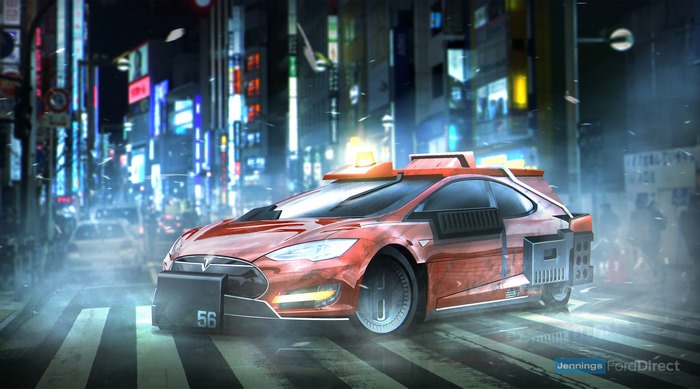 Futuristic Tesla taxi in a neon-lit city street