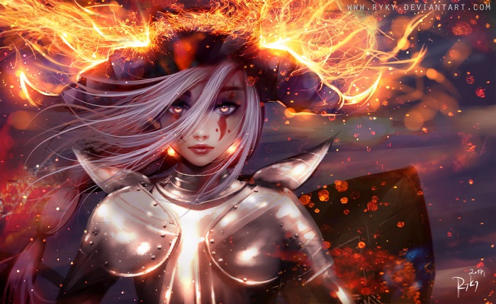 Fantasy girl with fiery crown and armor