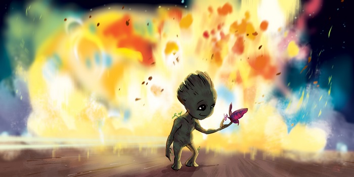 Baby Groot from Guardians of the Galaxy with a butterfly