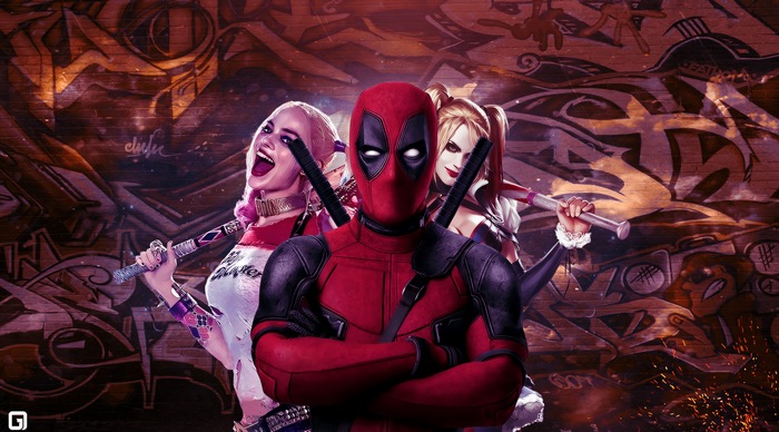 Deadpool and Harley Quinn characters in front of graffiti