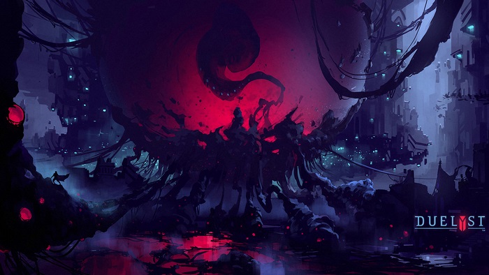 Duelyst game art with dark fantasy city and creature
