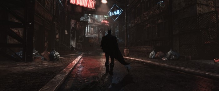 Batman from Batman: Arkham Knight in a dark alley