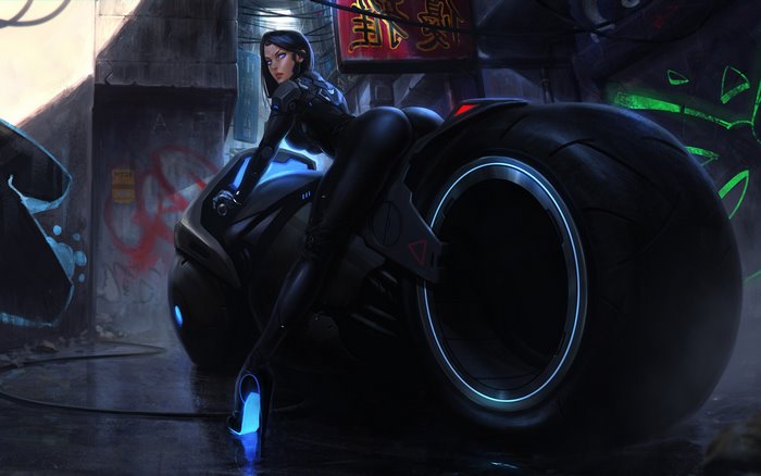 Anime girl in futuristic suit on a motorcycle