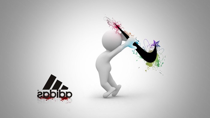 3D figure holding Nike logo with Adidas logo nearby