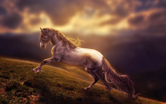 Digital art of a horse running on a hill