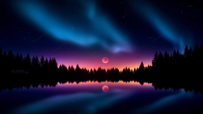 Minimalist Aurora Borealis over lake at sunset 4K