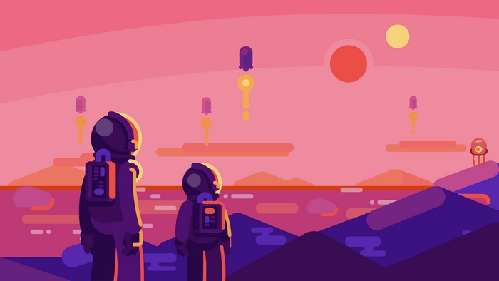 Astronauts on an alien planet with rockets