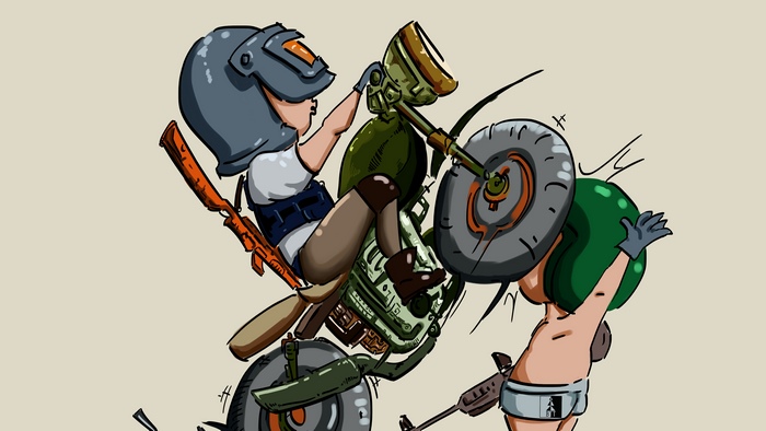 PUBG characters on a makeshift motorcycle
