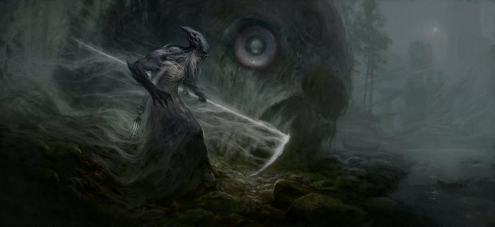 Horror creature with a lantern in a dark, misty forest