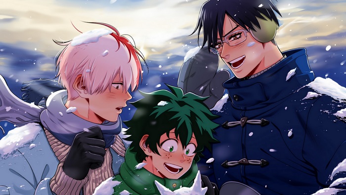 Shouto Todoroki, Tenya Iida, and Izuku Midoriya in the snow