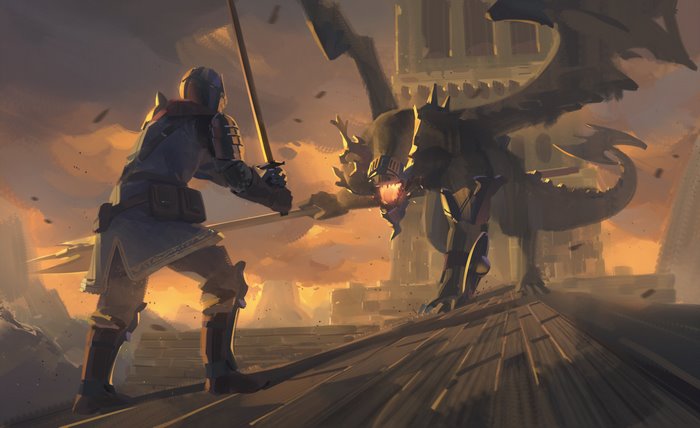 Knight fighting a dragon in front of a castle