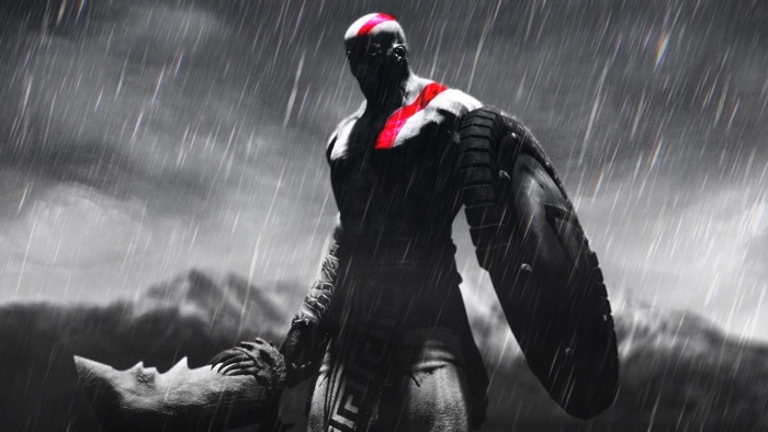 Kratos from God of War in the rain