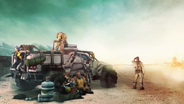Borderlands Team Resting by Armored Vehicle