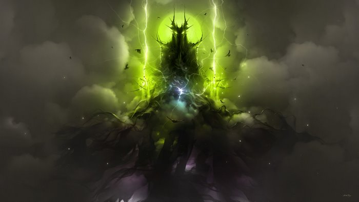Dark Sorcerer surrounded by lightning and clouds