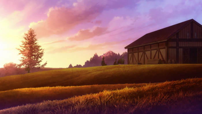 Kazuma, Aqua, Darkness, and Megumin in a field with a barn