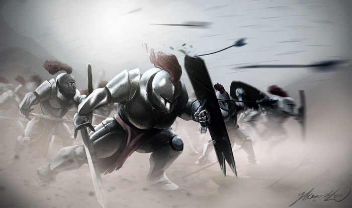 Knights in armor fighting with swords and shields