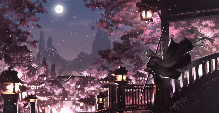 Anime character with white hair and cape under cherry blossoms