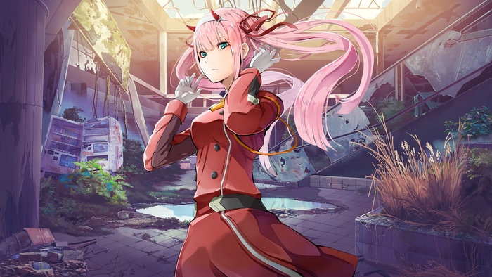 Zero Two from Darling in the FranXX in a ruined building