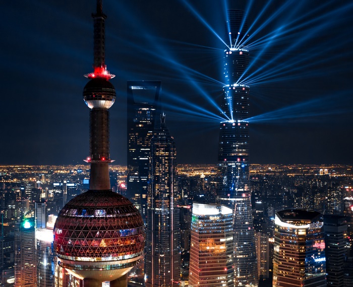 Shanghai Oriental Pearl Tower and skyscrapers at night
