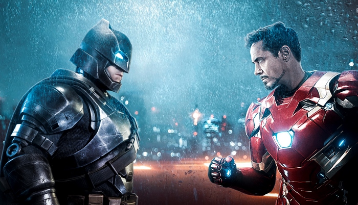Batman in armored suit facing Iron Man