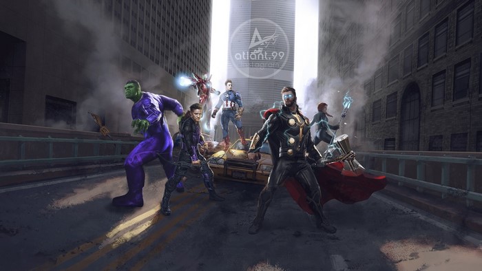 Avengers from Marvel in a City