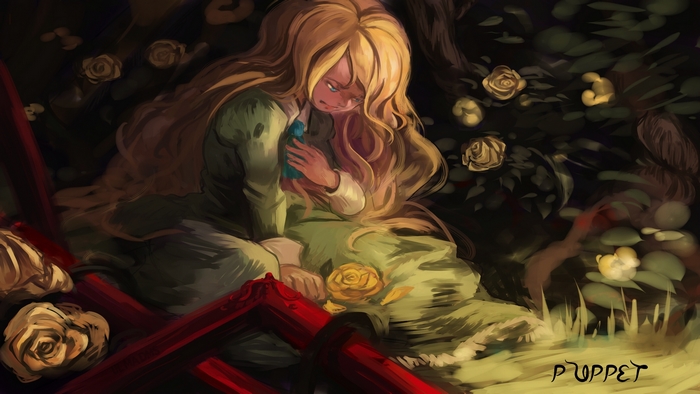 Mary from Ib sitting in a garden with roses