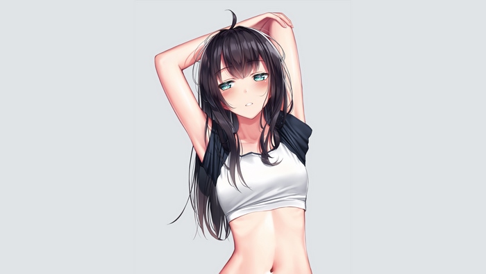 Anime girl with long dark hair and aqua eyes