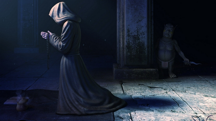 Monk praying with a demon lurking in the shadows